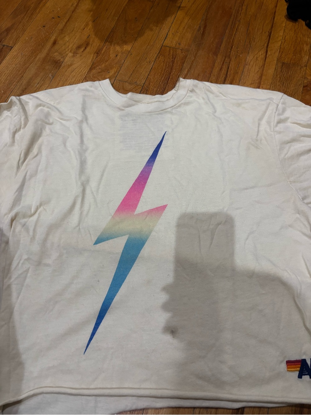 Aviator Nation Cream Tee with Pink-Blue Gradient Lightning Bolt